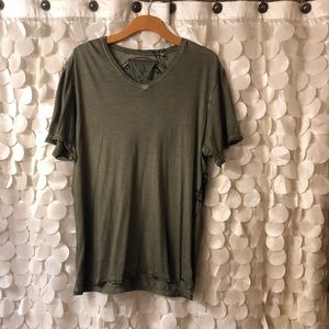 Army green military V-neck graphic tee